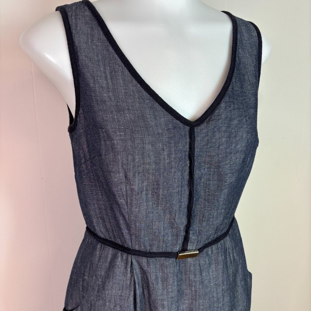 Ann Taylor Sheath Dress 0 Navy Blue Chambray Sleeveless V-Neck Pockets Women's - Picture 2 of 11
